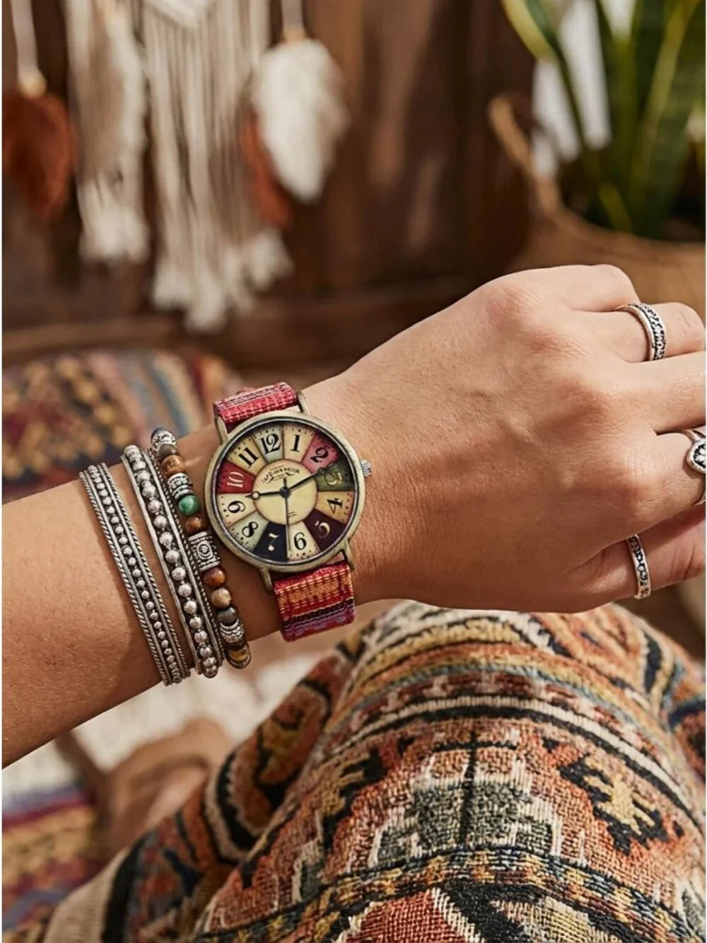 Women's Red Creative Multicolor Woven Strap Fashion Rainbow Pattern Watches